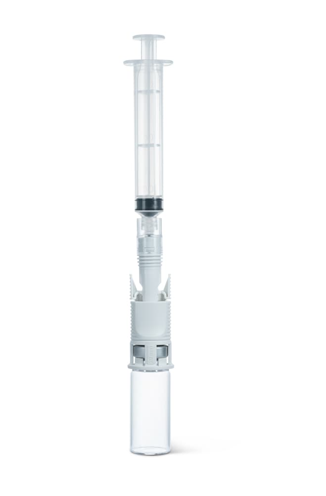 Chemfort vial and syringe adaptor-Picture of Chemfort vial and syringe adaptor connected to empty Vial and Syringe